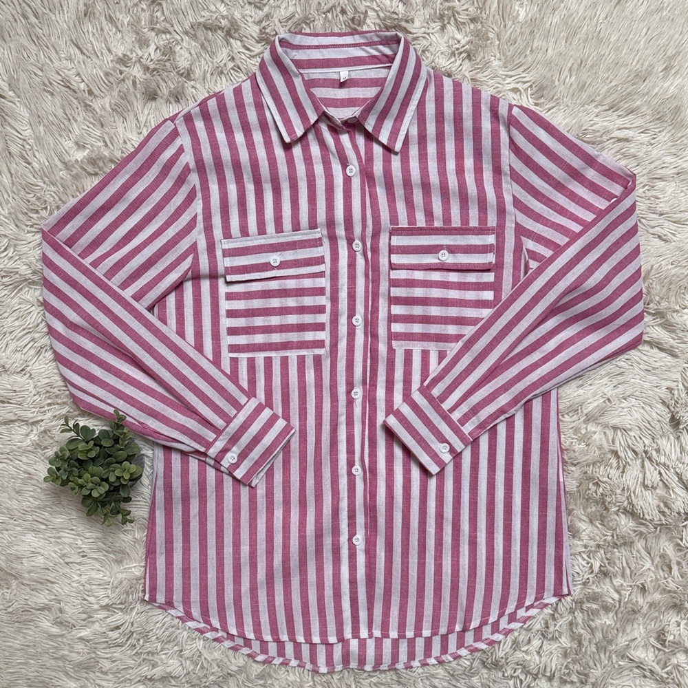 Boutique Striped Button-l Down Shirt 💗 Pink & White - Picture 3 of 16